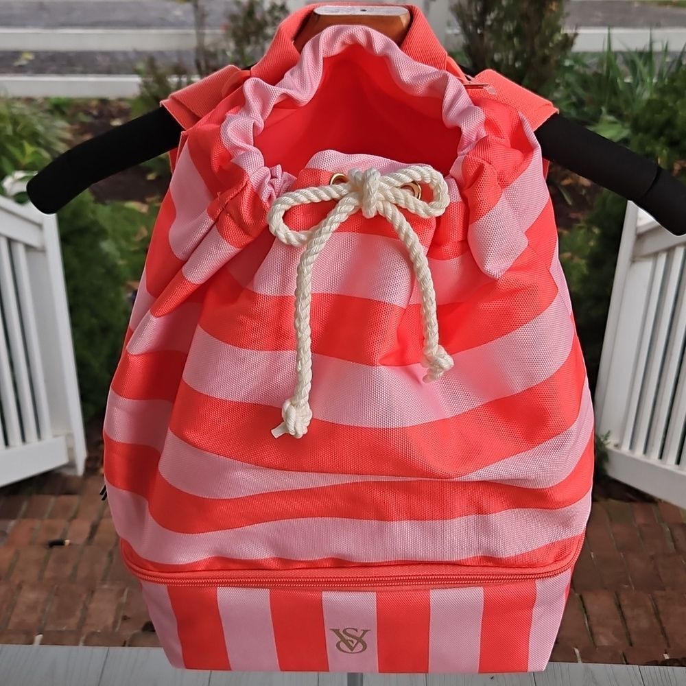 Victoria's Secret Pink Coral Stripe ULTIMATE BEACH BAG Backpack & Cooler 2n1 NEW